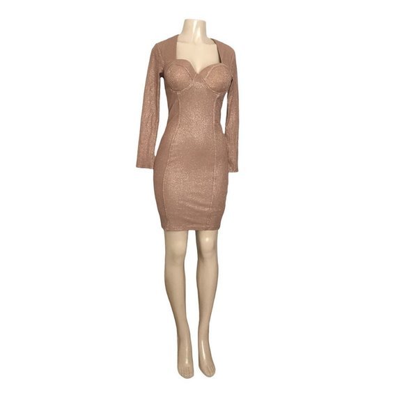 Entry Beige Nude Bodycon Long Sleeve Dress with Gold Shimmer - Picture 3 of 12